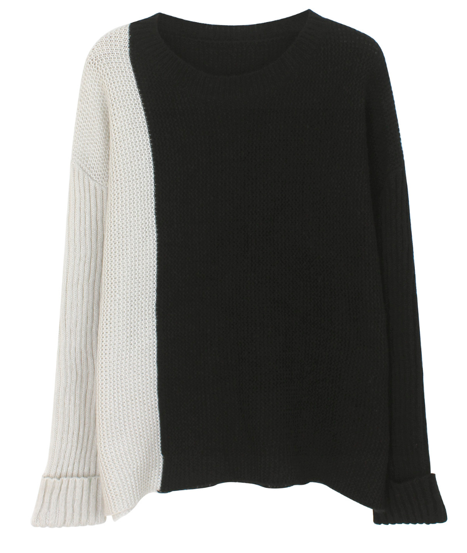 Loose Knitted Sweater Crew Neck Color Contrast Knitwear For Lady